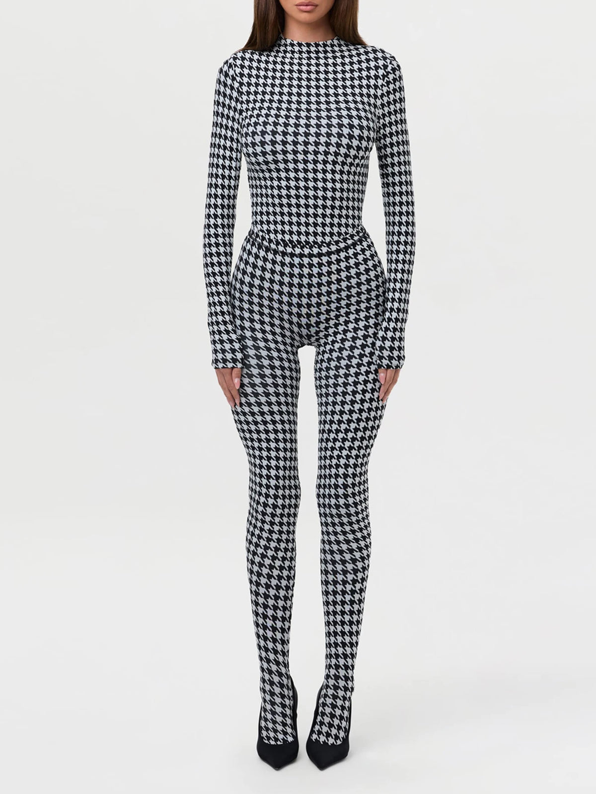 Women's Houndstooth Print High Neck Long Sleeved Top High Waist Slim Fit Jumpsuit Mid Century