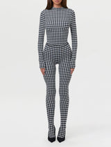 Women's Houndstooth Print High Neck Long Sleeved Top High Waist Slim Fit Jumpsuit Mid Century