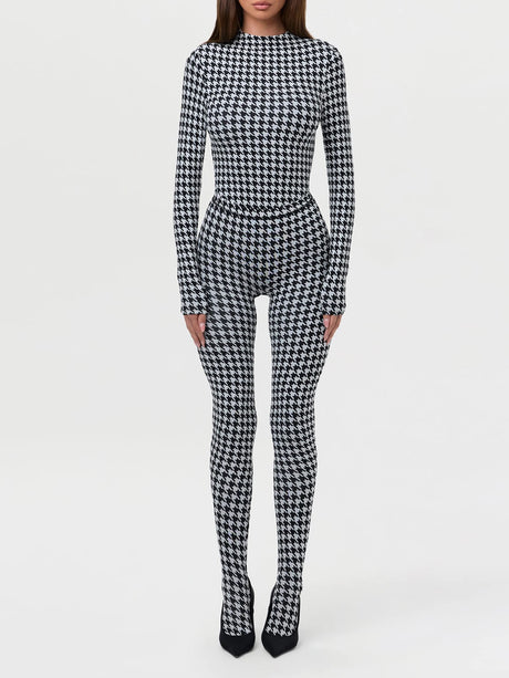 Women's Houndstooth Print High Neck Long Sleeved Top High Waist Slim Fit Jumpsuit Mid Century