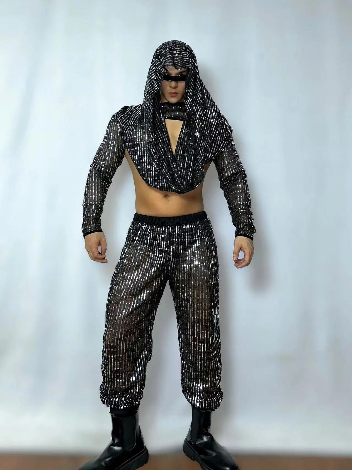Mens Dance Costume Black Sequins Hool Top Pants Bar Nightclub DJ Male Stage Rave Outfit