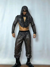 Mens Dance Costume Black Sequins Hool Top Pants Bar Nightclub DJ Male Stage Rave Outfit