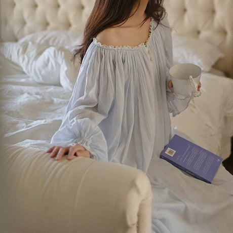 Victorian Pale Blue Vintage Long Nightgown 100% Cotton Full Sleeves Nightdress
