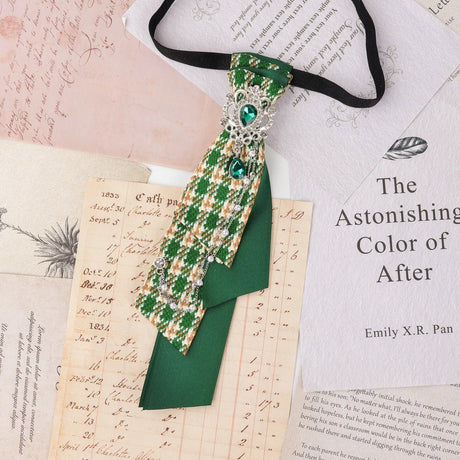 Dark Academia Jabot Plaid Short Necktie Rhinestone Brooch Pearl Chain