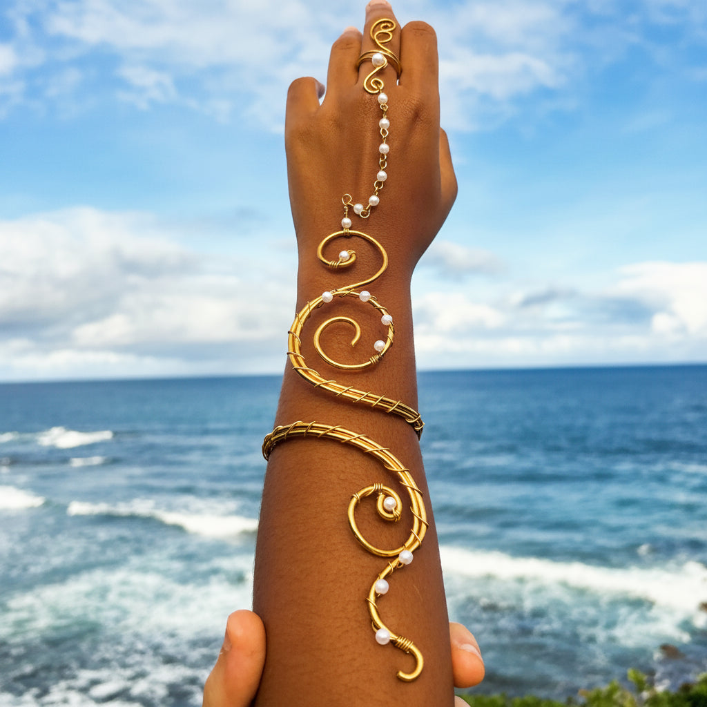 Spiral Gold Arm Cuff & Finger Chain Set with Pearls Adjustable Hand Jewellery Festival Accessories
