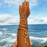 Spiral Gold Arm Cuff & Finger Chain Set with Pearls Adjustable Hand Jewellery Festival Accessories