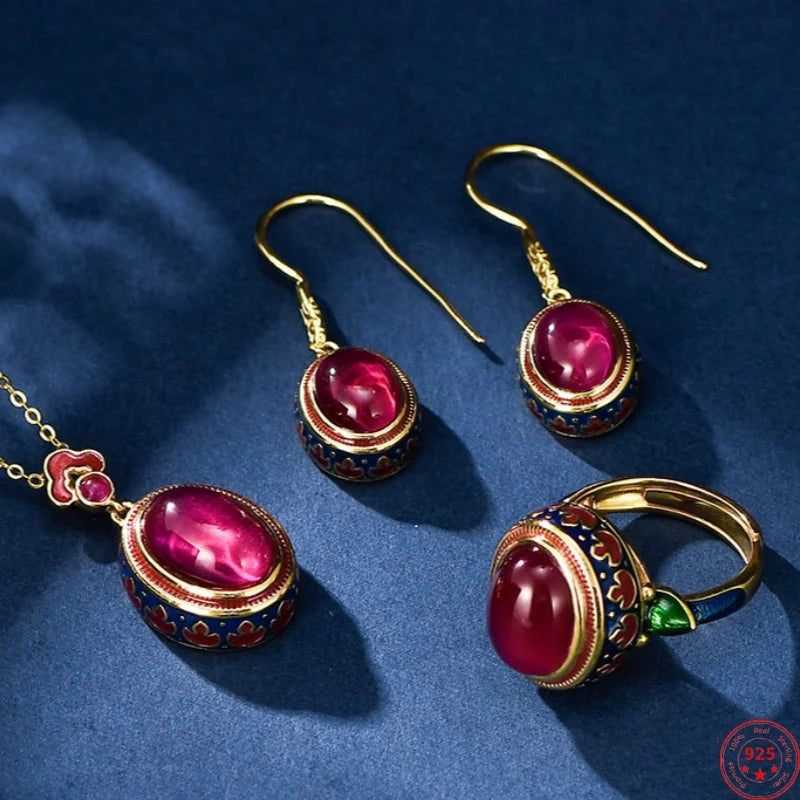 Carmellia's Corundum Enamel Matching Jewellery 925 Sterling Silver Ring, Earrings, Necklace