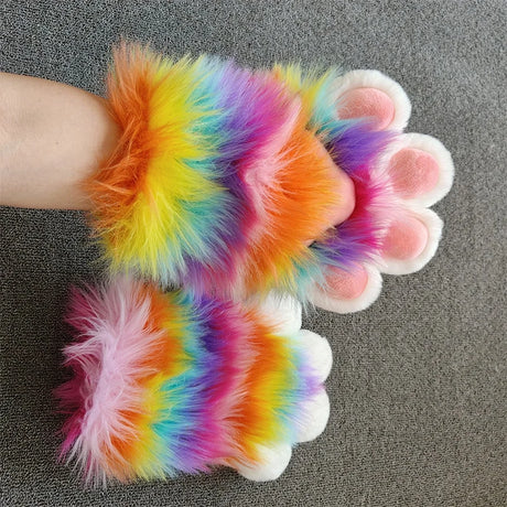 Rainbow Furry Cat Claw Gloves Plush Beast Paws Mittens Halloween Party Cosplay Costumes