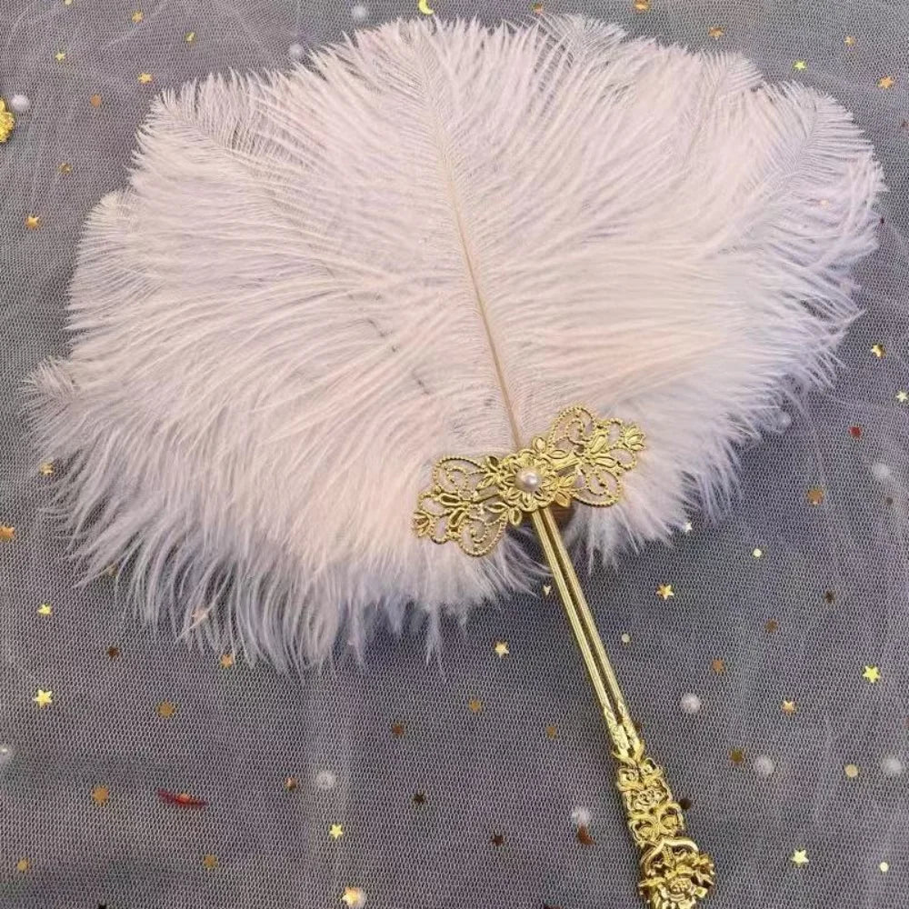Ostrich Feather Fan Round Fan with Golden Hollow Handle Court Dance Hand Fans