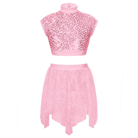 Sequins Ballet Dance Set Girls Crop Top Skirted Shorts Stage Dance Costumes