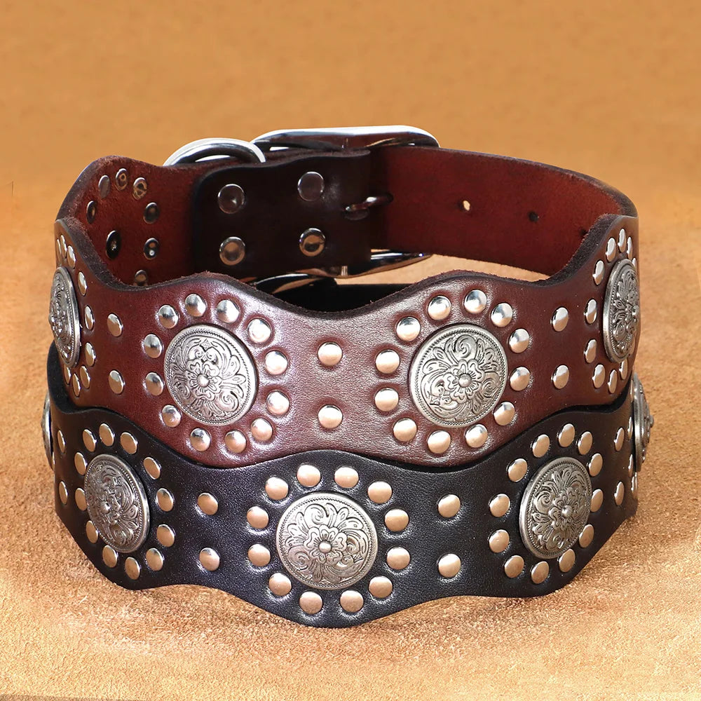 Genuine Leather Dog Collar 2inch Wide Rivets and Spikes Medieval Cosplay