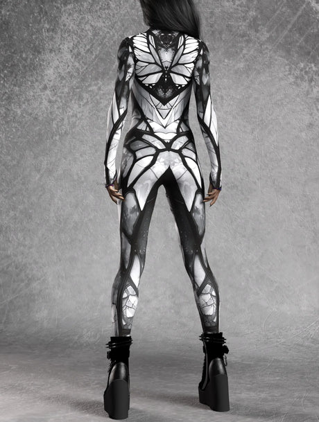 Gothic Stained Glass Full Moon Bodycon Jumpsuit Halloween Party Wear Rave Cosplay Costume Festival  Fit