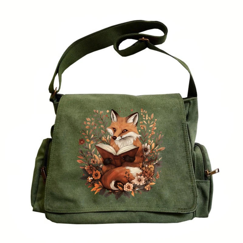 Fox Print Canvas Shoulder Bag Crossbody Messenger Bag