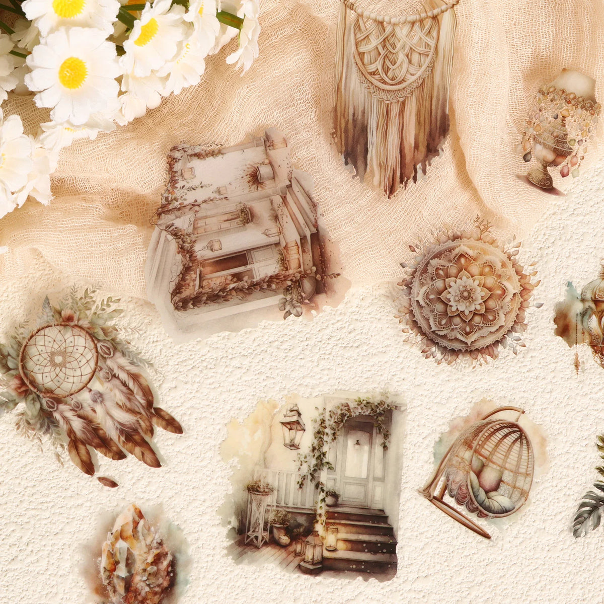 48 pieces PET and Art Paper Waterproof Transparent Boho Stickers for DIY Crafts,Scrapbooking Junk Journals