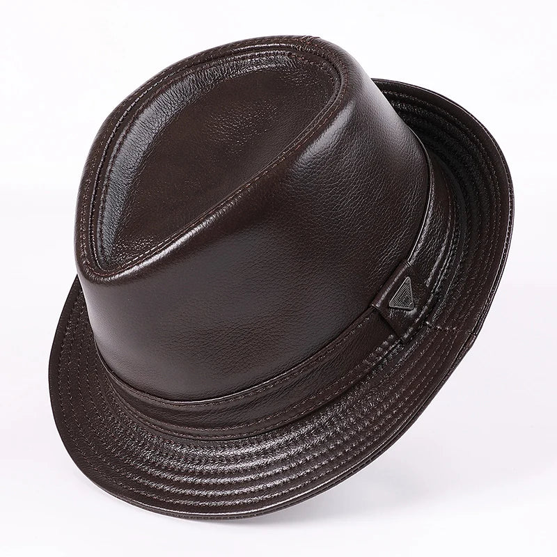 Genuine Leather Cowhide Short Brim Black/Brown Hat