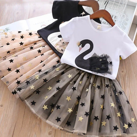 Swan T-Shirt+Sequin Skirts 2Pcs Baby Girls Clothing Sets Cotton Outfits