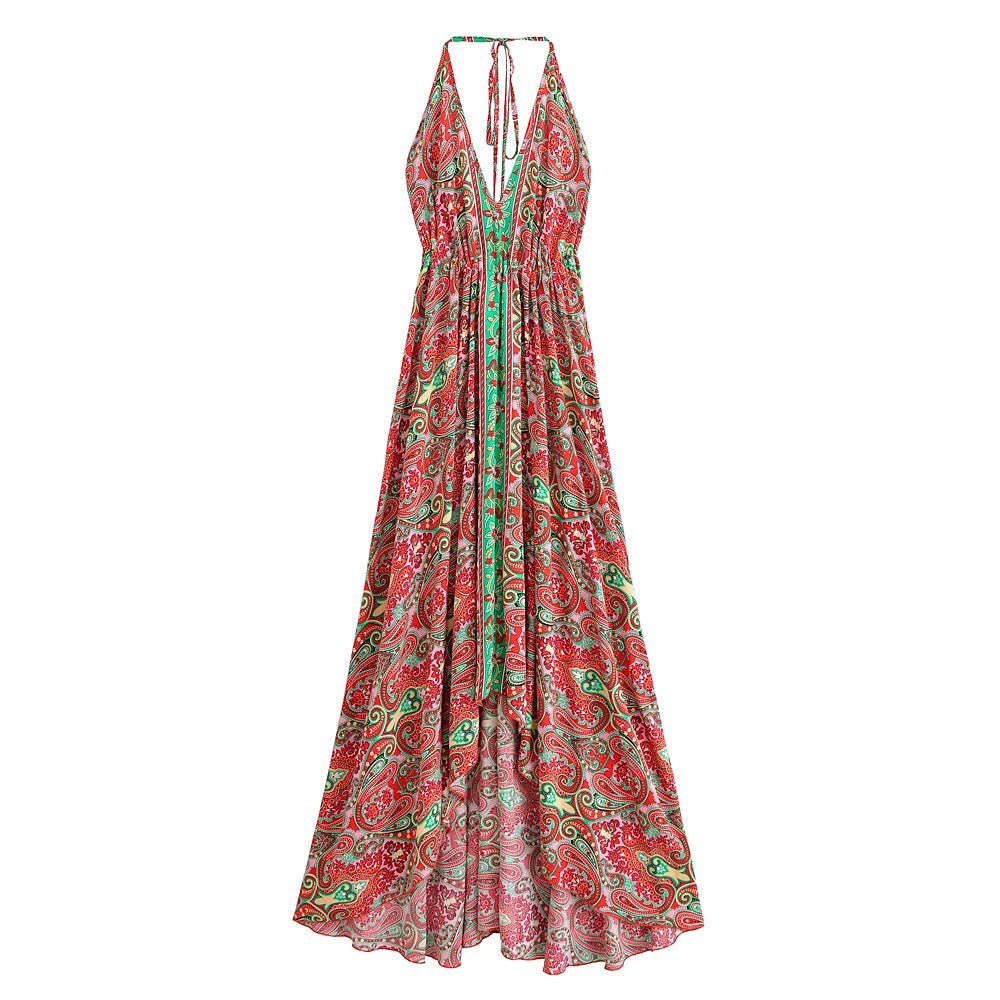 Nahlia's Wild Floral Backless Beach Boho Maxi Dress