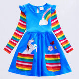 Girls' Long Sleeve Unicorn Dress Two Pockets Rainbow Sleeves