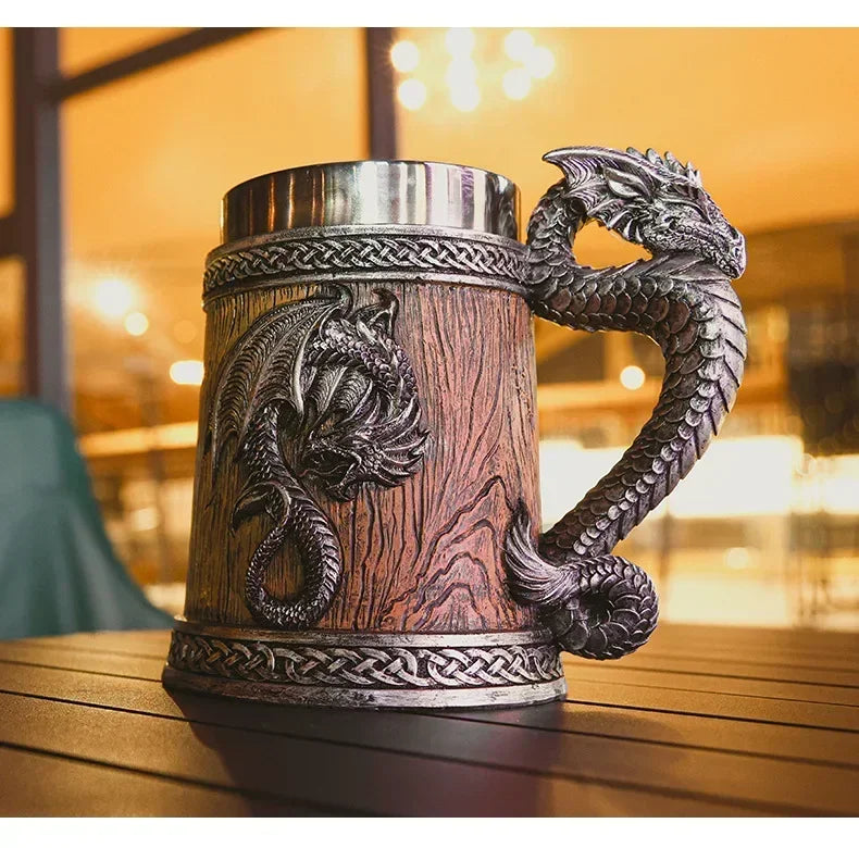 Dragon Beer Mug Coffee Cup Stainless Steel Resin Wooden Barrel Drinkware 600ml