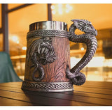 Dragon Beer Mug Coffee Cup Stainless Steel Resin Wooden Barrel Drinkware 600ml