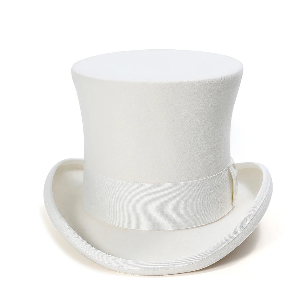 18cm Tall White Wool Felt Top Hat Satin Lined