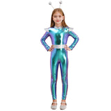 Girls Boys Alien Costume Shiny Metallic Full Body Suit Space Astronaut Robot Halloween Dress Up
