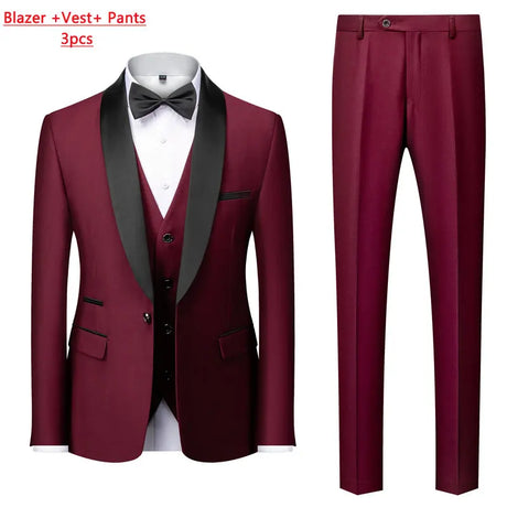 Mens Tuxedo Three Piece Suit Blazer with Trousers and Vest