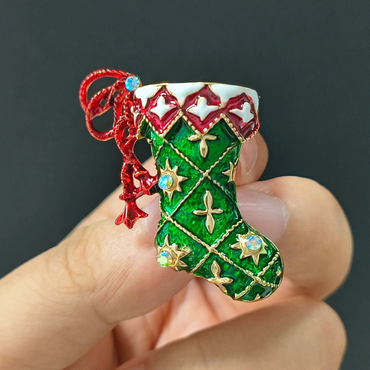 Green Christmas Stocking  Enamel Brooch