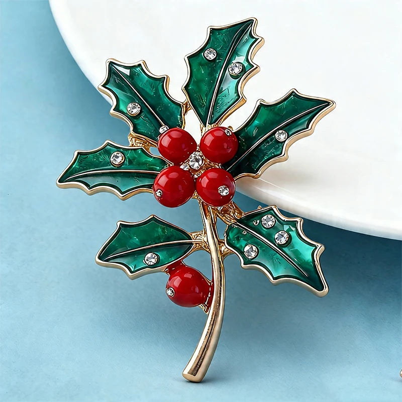 Holly December Birthday Flower Brooches Enamel Winter Brooch Pins Gifts