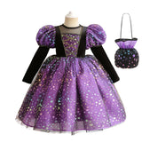 Purple Witch Girls Halloween Costume Star Tulle Party Dresses with Props