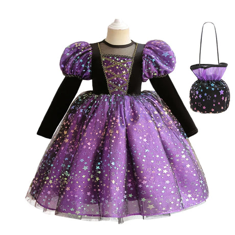 Purple Witch Girls Halloween Costume Star Tulle Party Dresses with Props