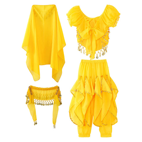 Girls Belly Dance Performance Outfit 4pcs Stage Costume Puff Sleeve Crop Top Ruffled Pants Hip Scarf Headscarf