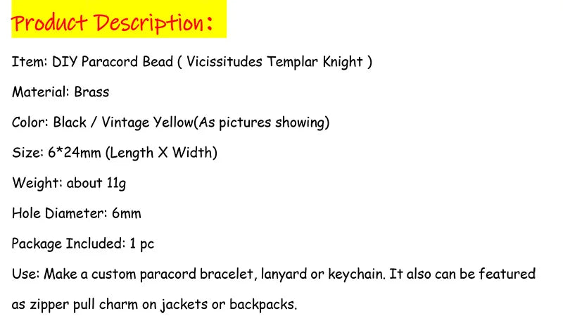 Vicissitudes Templar Knight Brass Crusader Armor Paracord Beads Lanyard Dreadlock Beard Bead