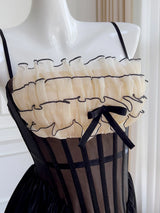Justine's French Black Lace Sling Spliced Ruffles Bandage Backless Dress