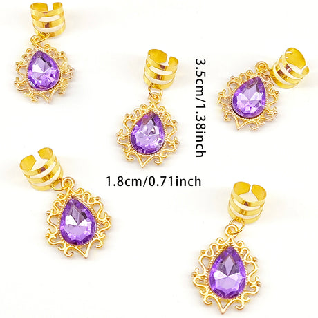 5pcs Braid Clips Filigree Alloy Inlaid Rhinestone Teardrop Pendant Hair Accessories