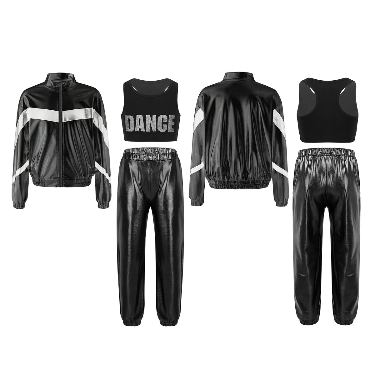 Girls Hip-hop Dance Outfit Streetwear Racer Back Tank Crop Top + Long Sleeve Jacket + Pants 3Pcs/Set
