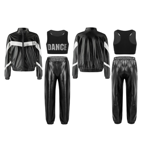 Girls Hip-hop Dance Outfit Streetwear Racer Back Tank Crop Top + Long Sleeve Jacket + Pants 3Pcs/Set