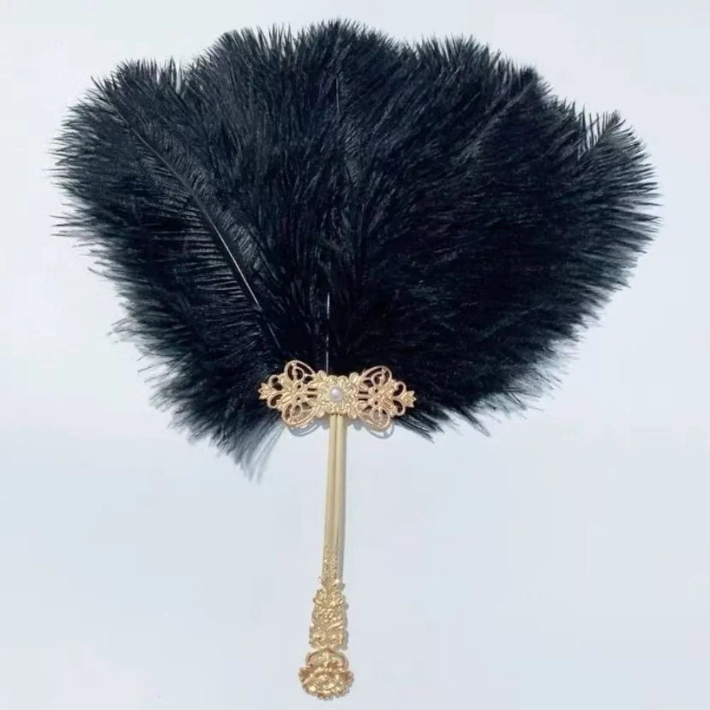 Ostrich Feather Fan Round Fan with Golden Hollow Handle Court Dance Hand Fans
