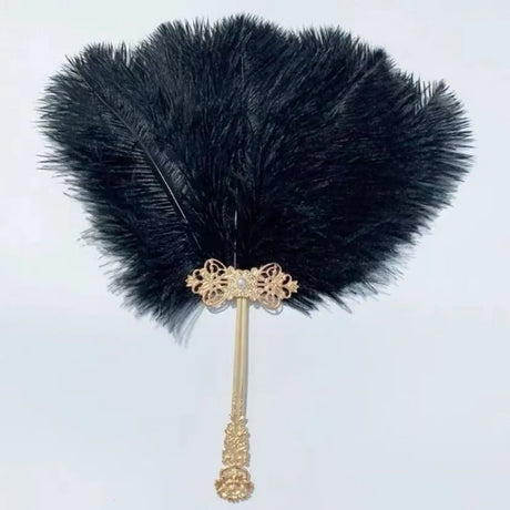 Ostrich Feather Fan Round Fan with Golden Hollow Handle Court Dance Hand Fans