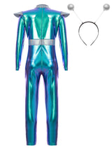 Girls Boys Alien Costume Shiny Metallic Full Body Suit Space Astronaut Robot Halloween Dress Up