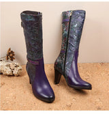 Purple Embossed Dragonfly Genuine Leather Long Boots