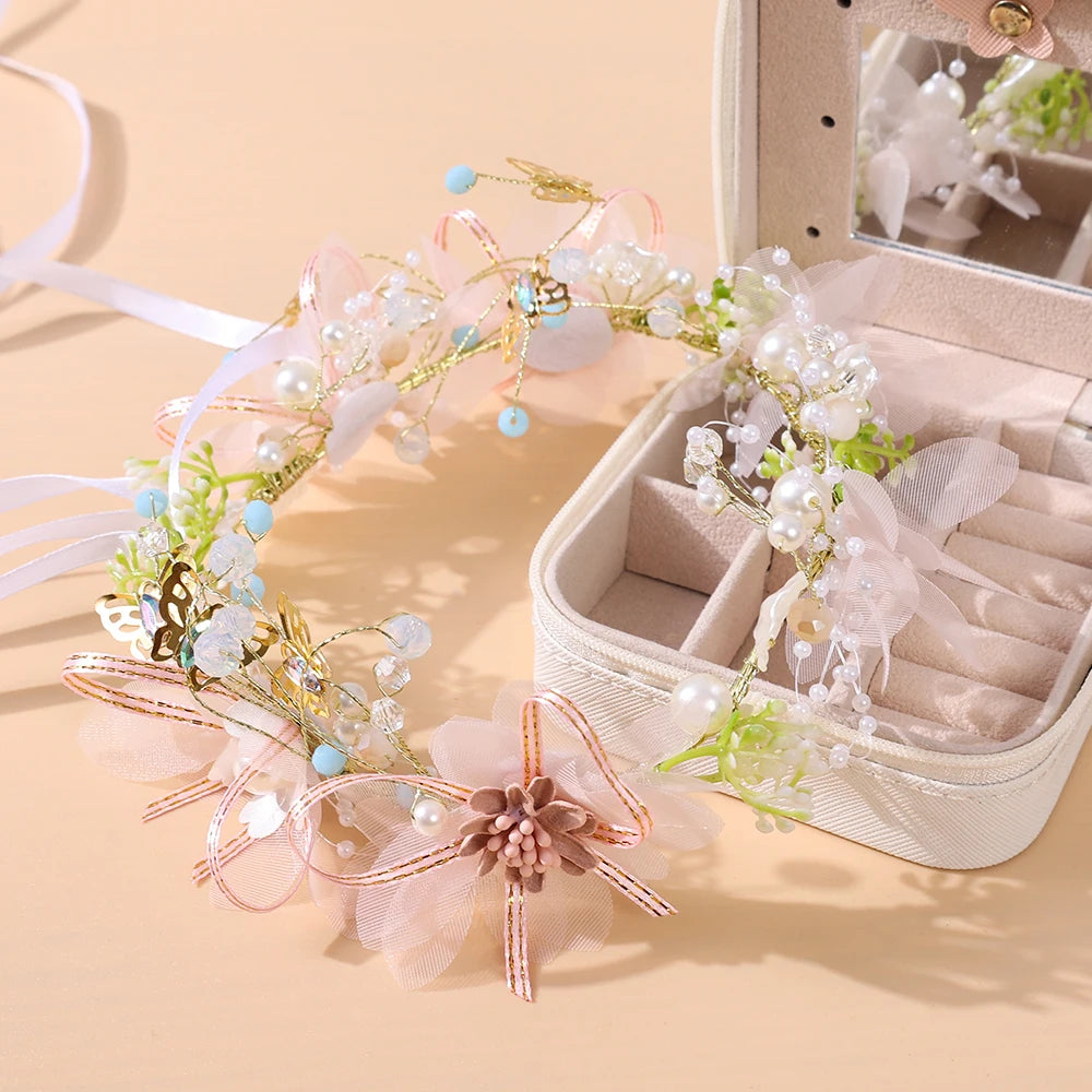 Girls Pearl Flower Wreath Floral Garland Head Hoop