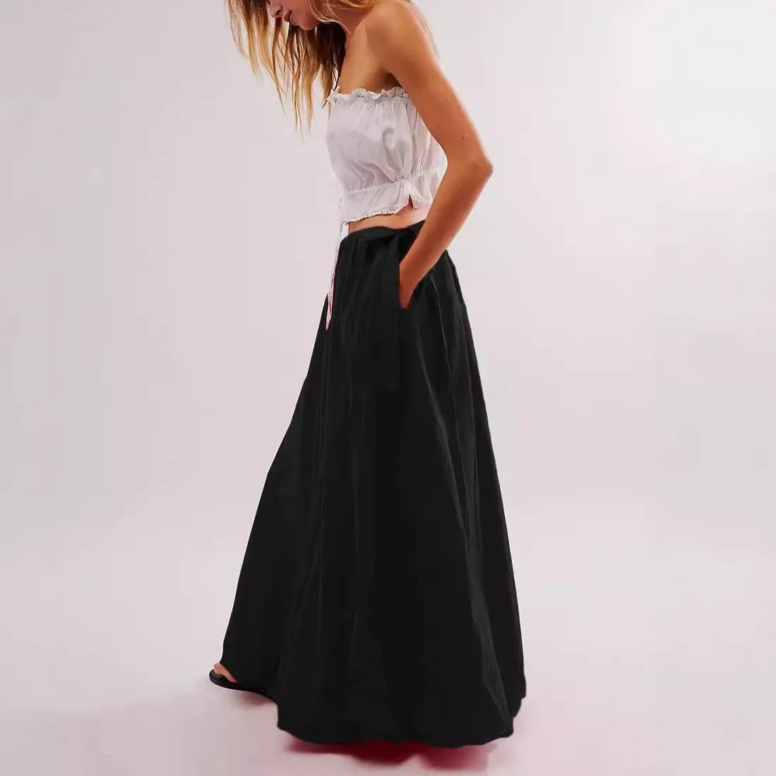 Tara's Boho Skirts Low Waist Solid Colour Lace-up Bow Maxi Skirts