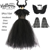 Girls Maleficent Black Tutu Halloween Costume with Feather Shawl