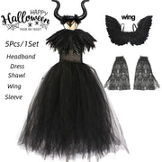 Girls Maleficent Black Tutu Halloween Costume with Feather Shawl