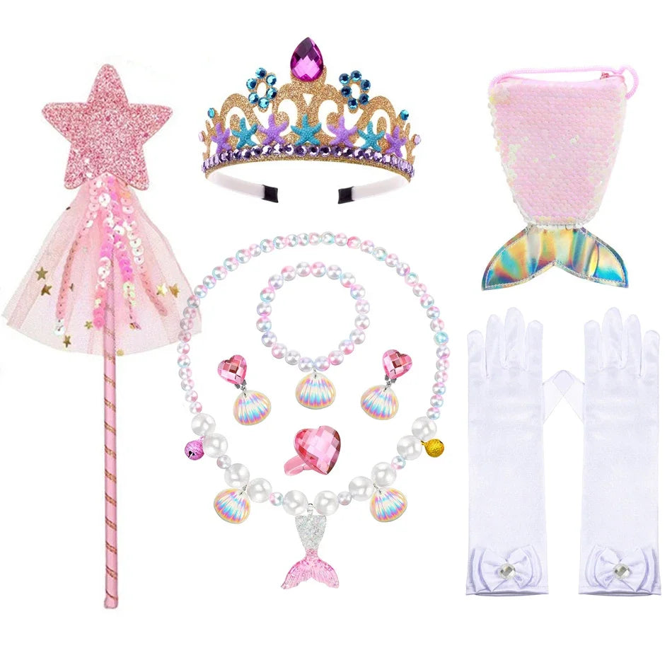 Mermaid Accessories Gloves Wand Crown Jewellery Set Wig Necklace Braid Cosplay Halloween Birthday Party