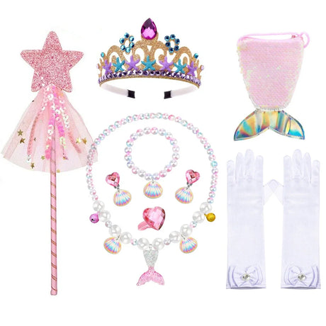 Mermaid Accessories Gloves Wand Crown Jewellery Set Wig Necklace Braid Cosplay Halloween Birthday Party