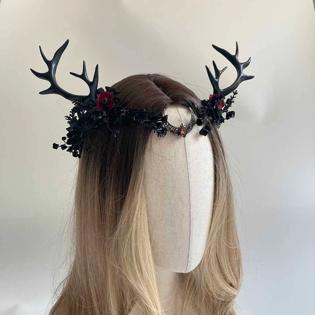 Handmade Black Antler Crown Gothic Woodland Headpiece Halloween Costume