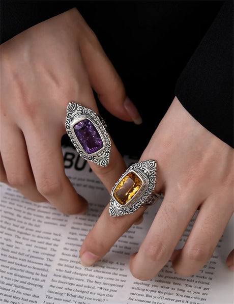 The Gypsy's Lantern S925 Sterling Silver Rings Natural Amethyst Yellow Crystal