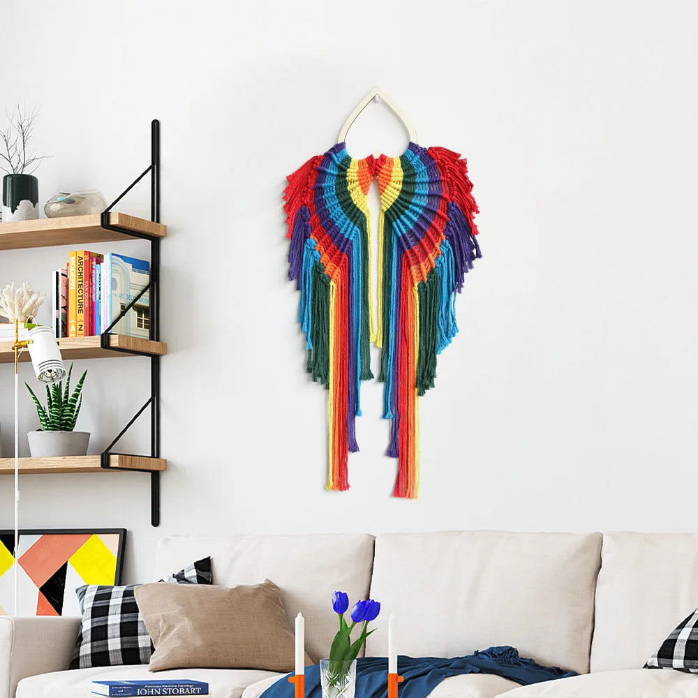 Rainbow Macrame Wings Colourful Angel Handwoven Tapestry Wall Hanging for Home Decor