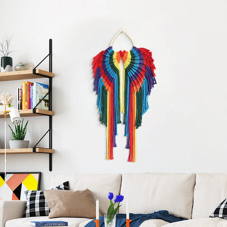 Rainbow Macrame Wings Colourful Angel Handwoven Tapestry Wall Hanging for Home Decor